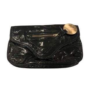 Gusto Patent Leather Black Clutch with Gold Accent Y2K
